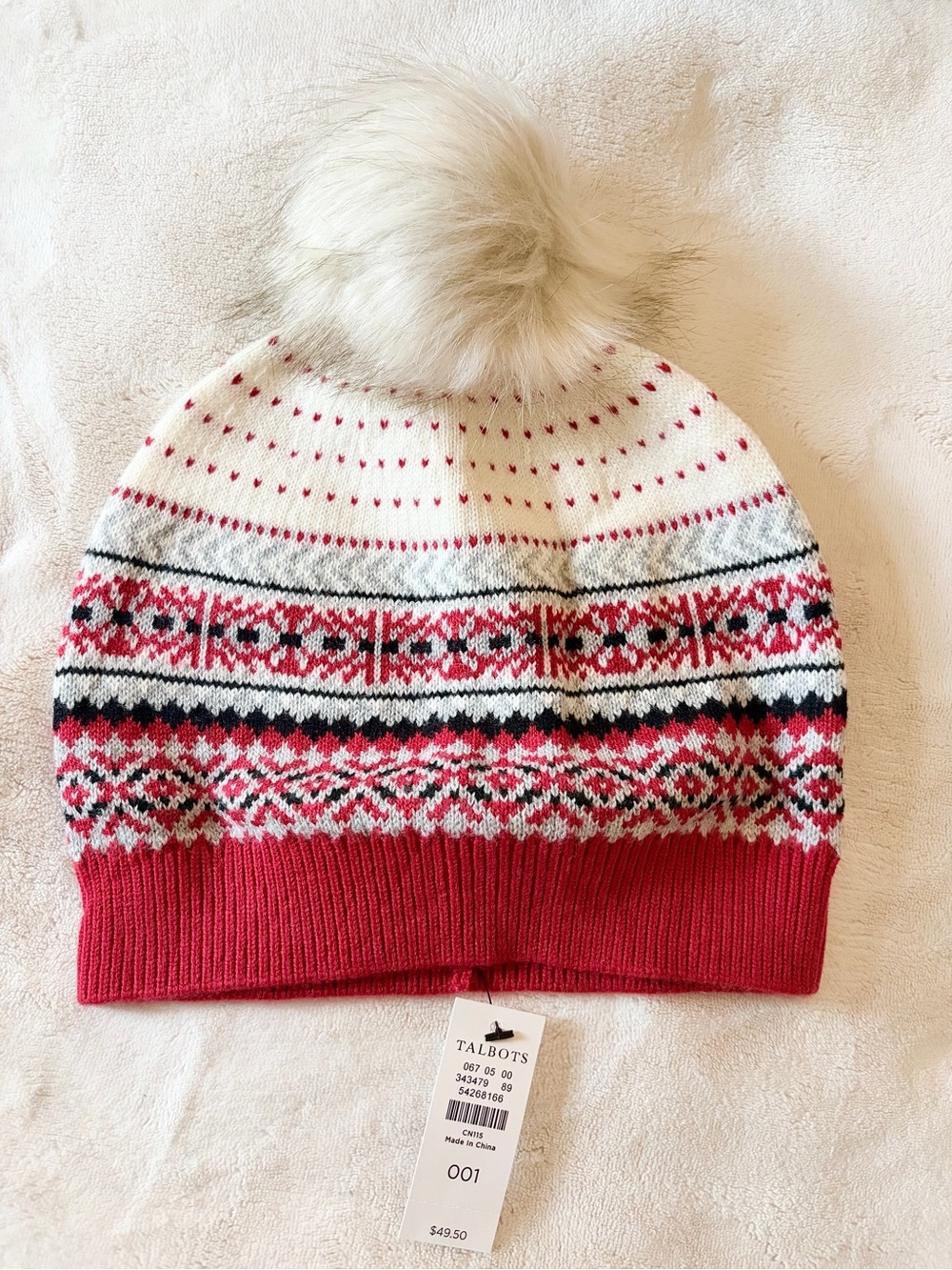 Talbots Cream and Red Fair Isle Cowl Sweater and Matching Pom Beanie